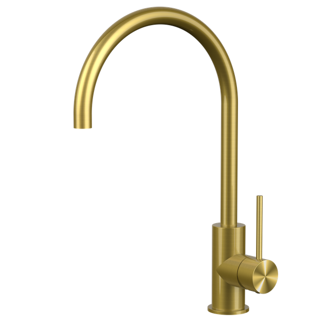 Mezclador de fregadero de cuello de ganso, grifo de oro cepillado PVD de cocina de acero inoxidable 304 con marca de agua